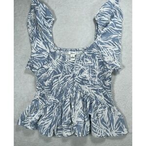 Japna Blue White Tropical Smocked Babydoll Top Puff Sleeve Boho Cottagecore...